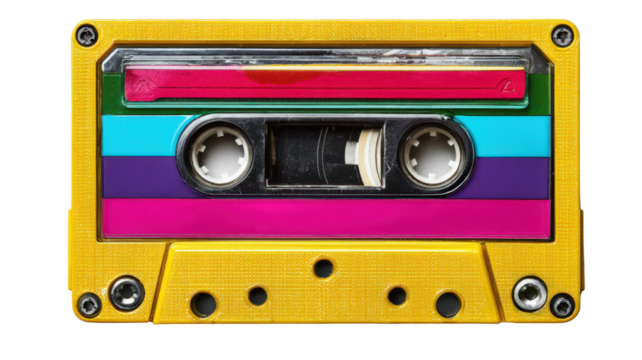 Yellow audio cassette tape with colorful striped label for retro music and vintage 80s nostalgia, transparent background