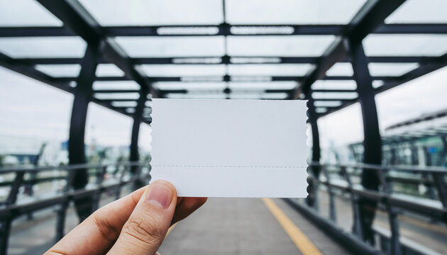 Hand Holding Blank Ticket in Modern Walkway