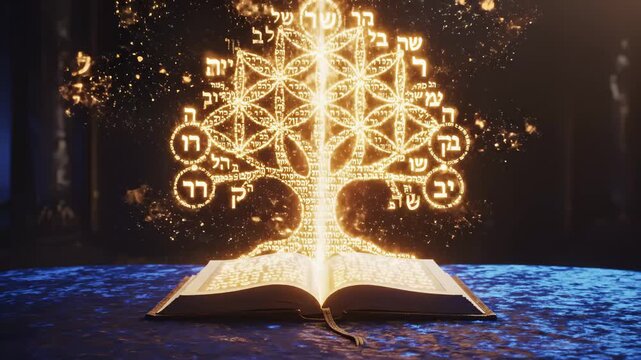 Open Book Emitting Glowing Symbols and Flower of Life Pattern