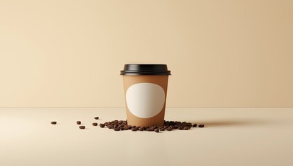 A disposable coffee cup with a blank oval label sits atop a small pile of roasted coffee beans, the brown tones contrast with the blank label, all on a beige surface and background,