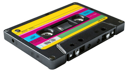 Audio cassette tape with vibrant colorful labels, symbolizing retro music, 80s nostalgia, and vintage sound entertainment