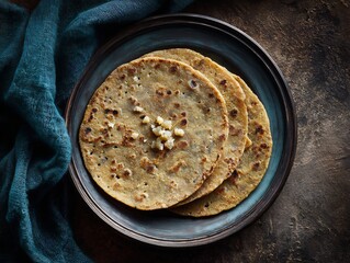 Warm flatbreads served in a rustic bowl with teal fabric