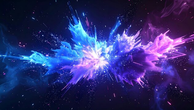 A vibrant explosion of blue and purple light energy against a dark, starry backdrop - Powered by Adobe