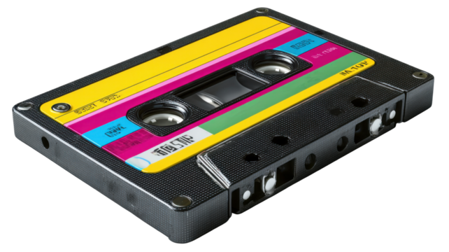 Audio cassette tape with vibrant colorful labels, symbolizing retro music, 80s nostalgia, and vintage sound entertainment