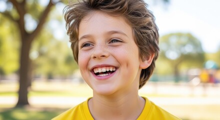 A young boy with curly hair smiling outdoors.