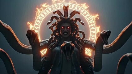 Dark fantasy female figure with serpent hair and a glowing magic circle - Powered by Adobe