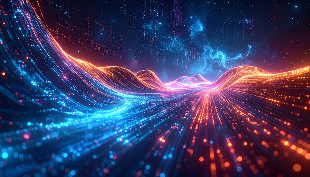 Abstract landscape of flowing data in blue and orange lines, with a starry sky and digital rain