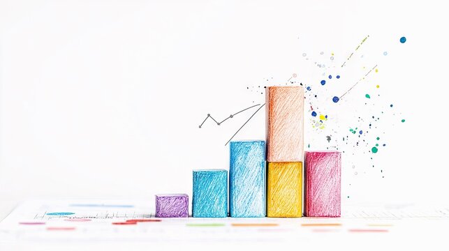 A hand-drawn bar graph with colorful blocks and a line graph, representing growth and progress, set against a clean white background.