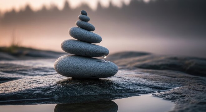 A stack of five stones balanced on a rock in a serene, misty landscape.