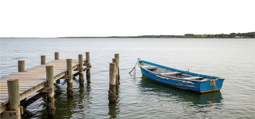 A blue boat floating on calm waters near a wooden dock with a clear sky in the background.