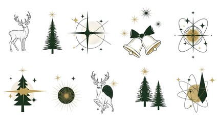 A set of elegant mid-century line art illustrations for Christmas and New Year's cards, featuring festive motifs in a refined forest green and gold color palette