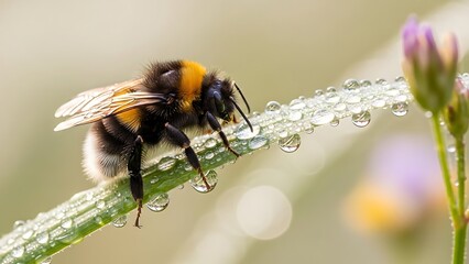 A bumblebee with yellow and black stripes rests on a dewy blade of grass