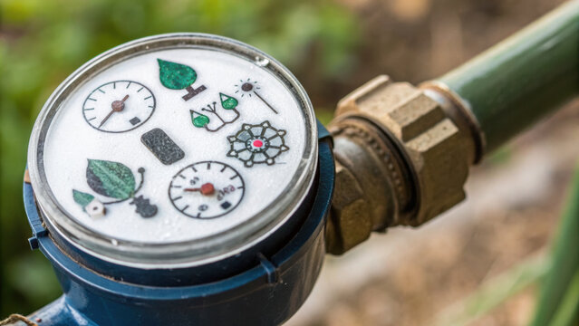 Water Scarcity Climate Solutions Concept.Water meter displays eco icons, measuring usage with precision and promoting sustainability
