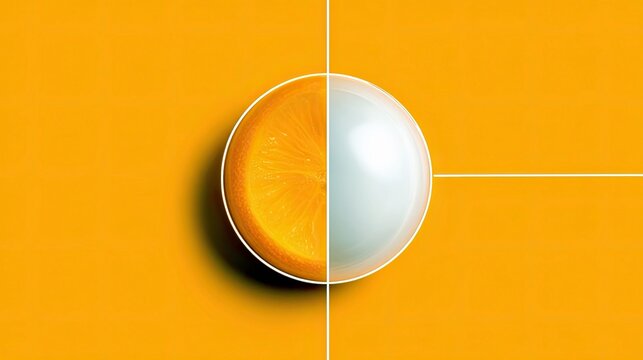 A stylized image featuring a halved orange slice and a sphere against a vibrant yellow backdrop, with a clean, modern aesthetic. - Powered by Adobe