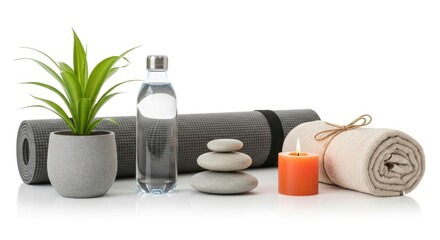 A rolled-up yoga mat, a plant, a water bottle, and a rolled-up towel on a white background.