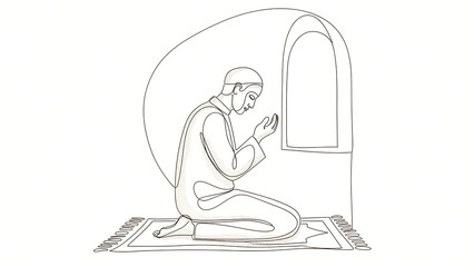 Continuous line drawing of Muslim man praying at home, seeking guidance and strength