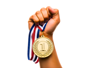 Hand holding a gold medal with a red white and blue ribbon isolated on transparent background