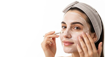 A woman applying a face mask with a brush against a white background.