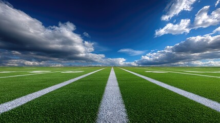 Obraz premium Green field with white lines under dramatic blue sky