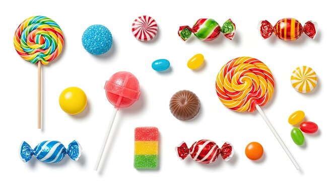 A colorful assortment of candies and lollipops on a white background.