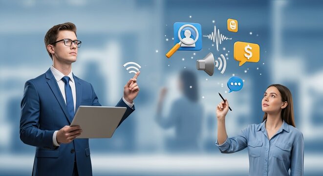 A man and a woman in business attire, using a digital tablet and a stylus, with a cityscape in the background.