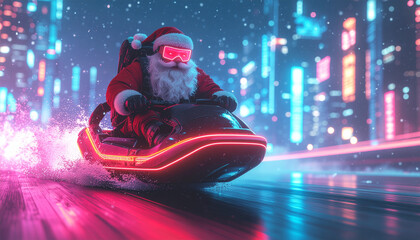 Futuristic Santa riding neon jet ski, glowing city, cyberpunk Christmas