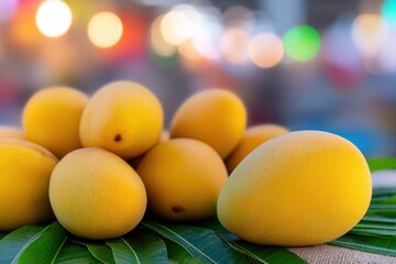 Fresh and Juicy Mangoes on Green Leaves with Colorful Background Bokeh Effect