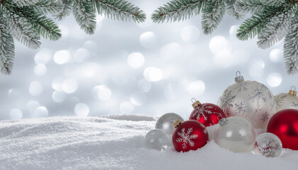 Christmas Ornaments, Snow, Frosted Pine Branches, Winter Bokeh