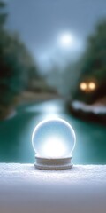 Enchanting Snow Globe with Lighted Background by a Reflective Waterway in Winter Scene