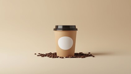 Simple, elegant shot showcases a takeaway coffee cup, complete with a black lid and a white label, positioned centrally amidst a bed of dark roasted coffee beans, all set against a muted, neutral...