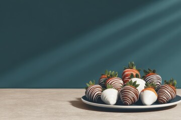 Freshly Dipped Chocolate Strawberries on Elegant Plate Against Minimalist Background