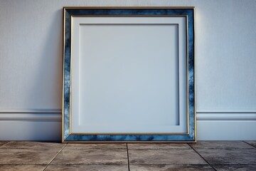 Elegant Empty Picture Frame With Blue Border Against a Textured Wall and Floor Background
