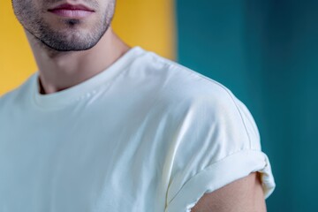 Close-Up of Young Man in Light Yellow T-Shirt with Rolled Sleeves Against Colorful Background
