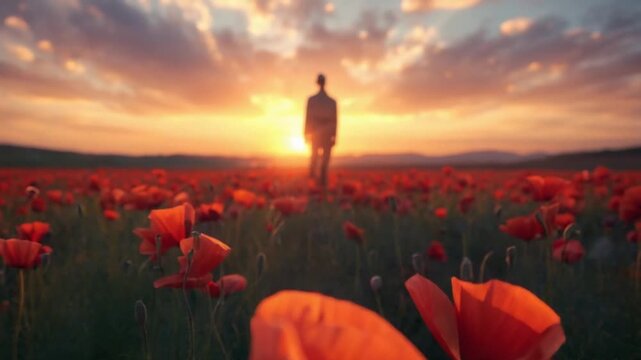 ANZAC Day Soldier Silhouette at Sunrise in Poppy Field
