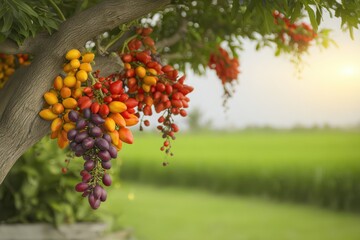 Colorful Fresh Fruits Hanging from a Vibrant Tree Against a Lush Green Field