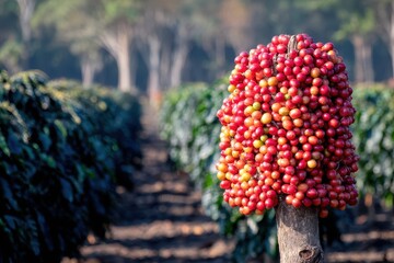 Fresh Coffee Cherry Bunch on a Tree in a Lush Green Coffee Farm Landscape