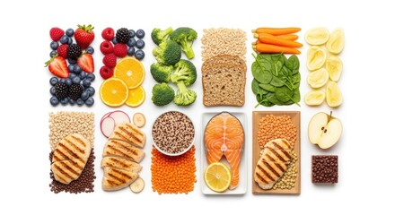 A colorful arrangement of fruits, vegetables, and grains on a white background.