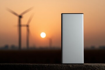 Minimalistic Power Bank Against Scenic Sunset with Wind Turbines in Background
