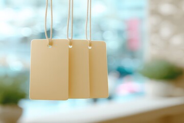 Blank price tags hanging in a bright and modern indoor environment with blurred background