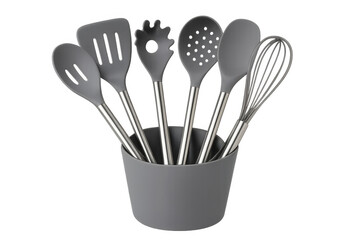 Silicone and stainless steel kitchen utensil set with spatula, whisk, spoon, and pasta server in holder, cooking tools
