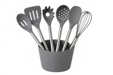 Silicone and stainless steel kitchen utensil set with spatula, whisk, spoon, and pasta server in holder, cooking tools