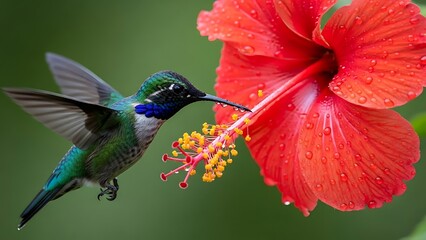 Fototapeta premium Hummingbird feeding on red hibiscus flower with water droplets
