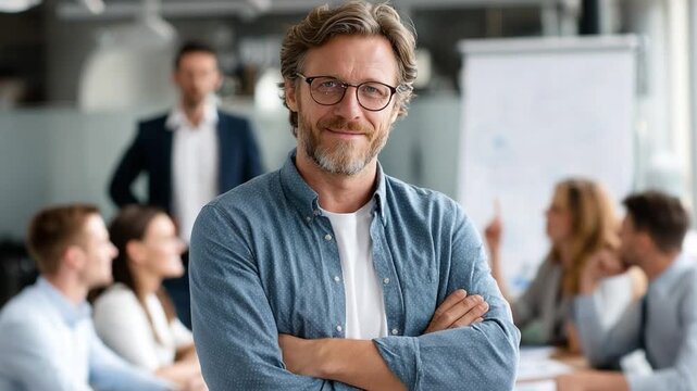 Confident Leader at the Forefront: A composed leader stands confidently, arms crossed, at the forefront of a dynamic meeting, embodying assurance and control.
