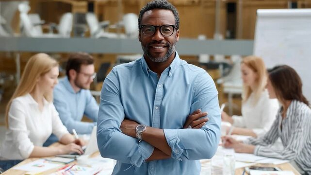 Leadership Confidence in the Workplace: A confident leader stands front and center with arms crossed, exuding professionalism and authority in a modern business environment.
