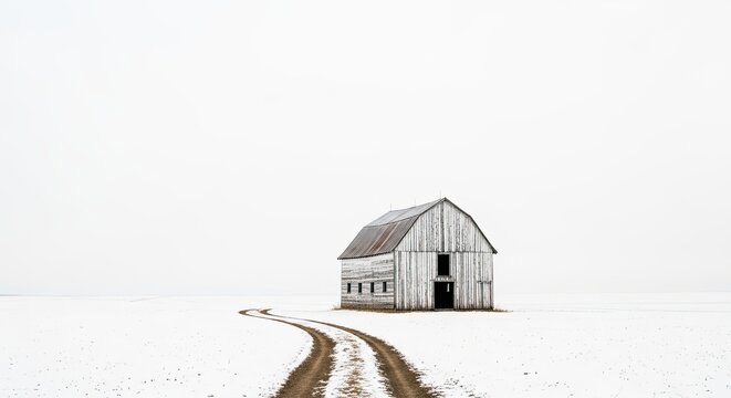 An old, weathered barn stands alone in a snow-covered field, with a dirt road winding around its base.