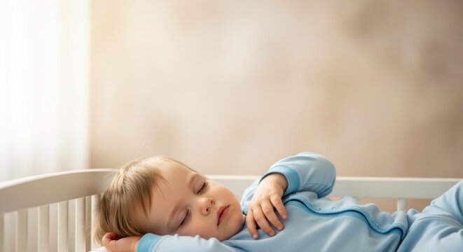 A young child sleeping in a crib with a blue blanket.