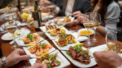 Gastronomic Gathering: A vibrant restaurant table filled with an array of delectable dishes and beverages, surrounded by friends and family indulging in a shared meal, a true feast for the senses.