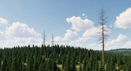 A serene, lush forest landscape with tall, slender trees and a clear blue sky dotted with fluffy white clouds.