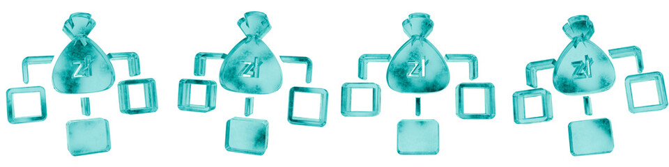 Set of four 3D poland zloty income distribution shapes in frosted blue ice glass style, isolated on a transparent background. Glassmorphism icons and 3D elements for modern graphic design.
