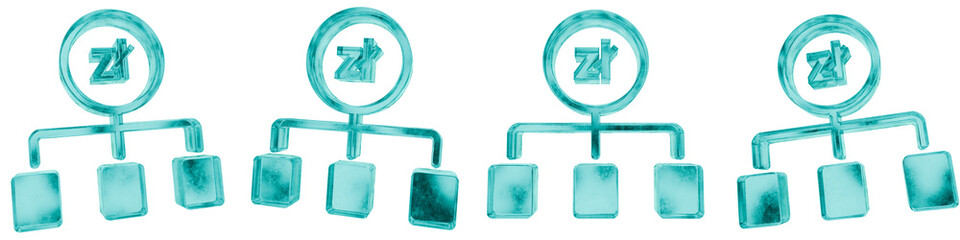 Set of four 3D poland zloty money allocation shapes in frosted blue ice glass style, isolated on a transparent background. Glassmorphism icons and 3D elements for modern graphic design.